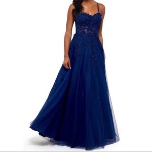 Xscape SOLD OUT navy blue dress with floral embroidered bead bodice